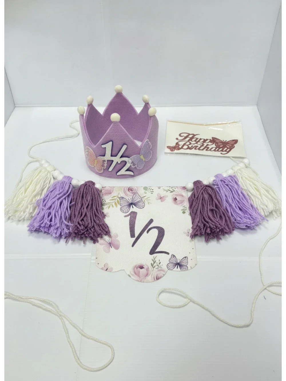 Half Birthday Party Decoration Set with Purple Crown, Tassel Garland For Baby